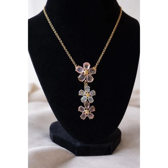 Coach Daphne Pink Glass Floral Drop Necklace Gold Tone Signed Rare - Picture 1 of 11